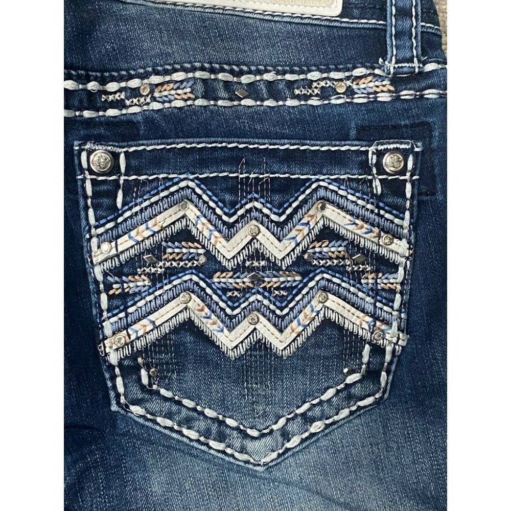 Grace in LA Women Western Aztec Wave Embroidered Bootcut Stretch Jeans